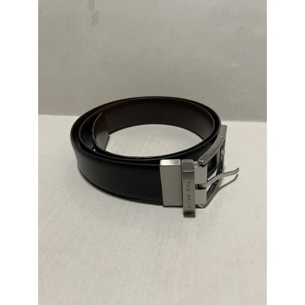 Ted Baker Reversible Leather Belt Size 34 Black Brown Silver Buckle 1 5/16